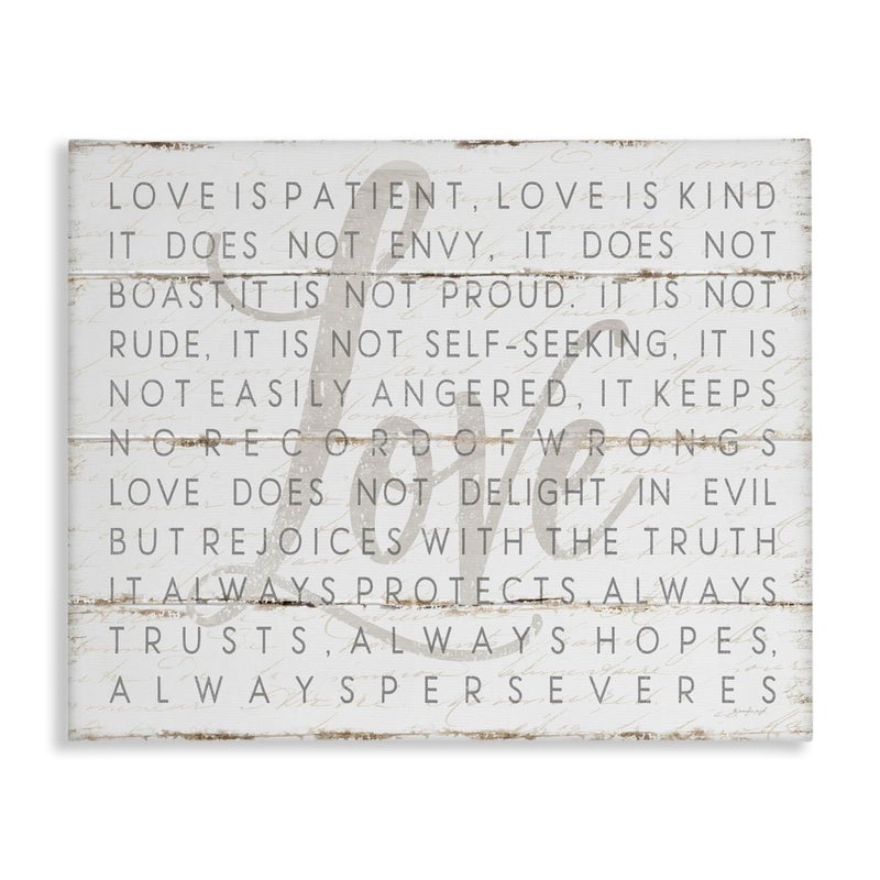Stupell Industries Love Is Patient Grey on White Planked Look, Designed By Jennifer Pugh, 20 x 16, Canvas Wall Art - Image 1